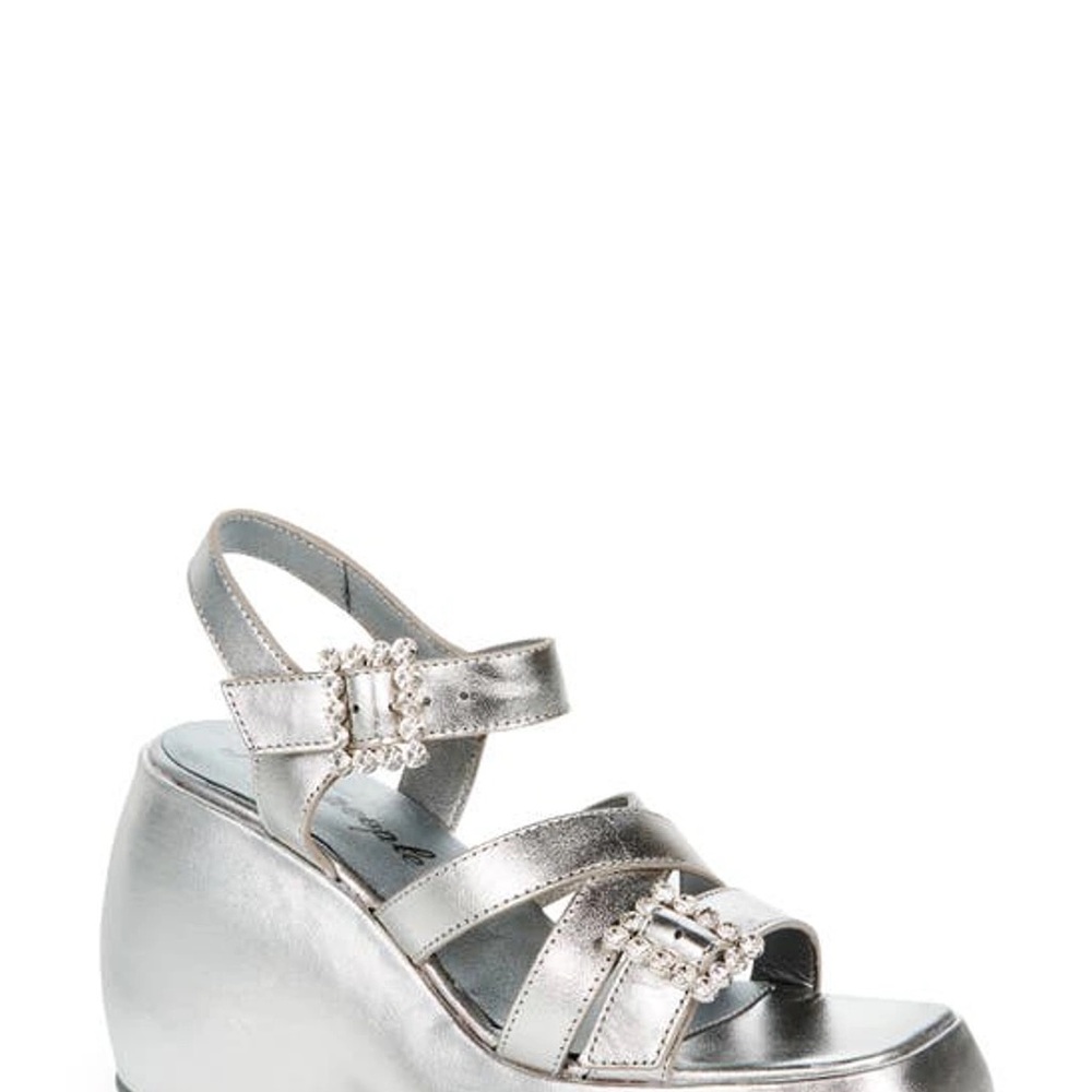 Free People Brooklyn Ankle Strap Platform Sandal in silver leather